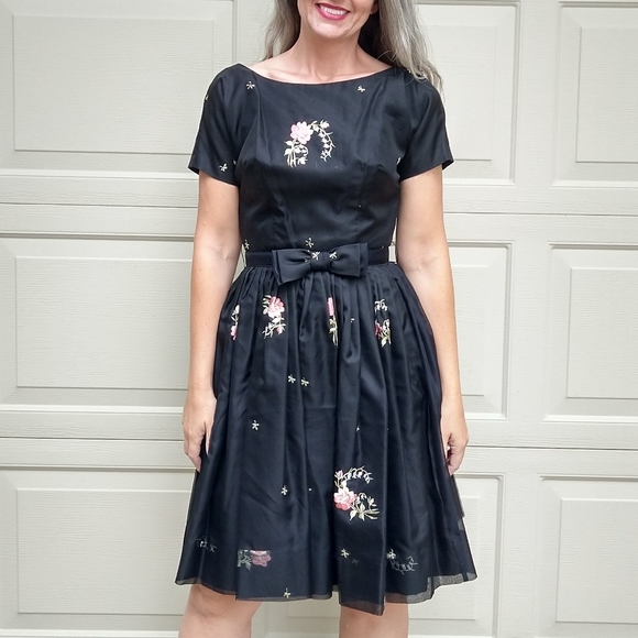 1950's EMBROIDERED ORGANZA DRESS 50's S - Picture 4 of 15